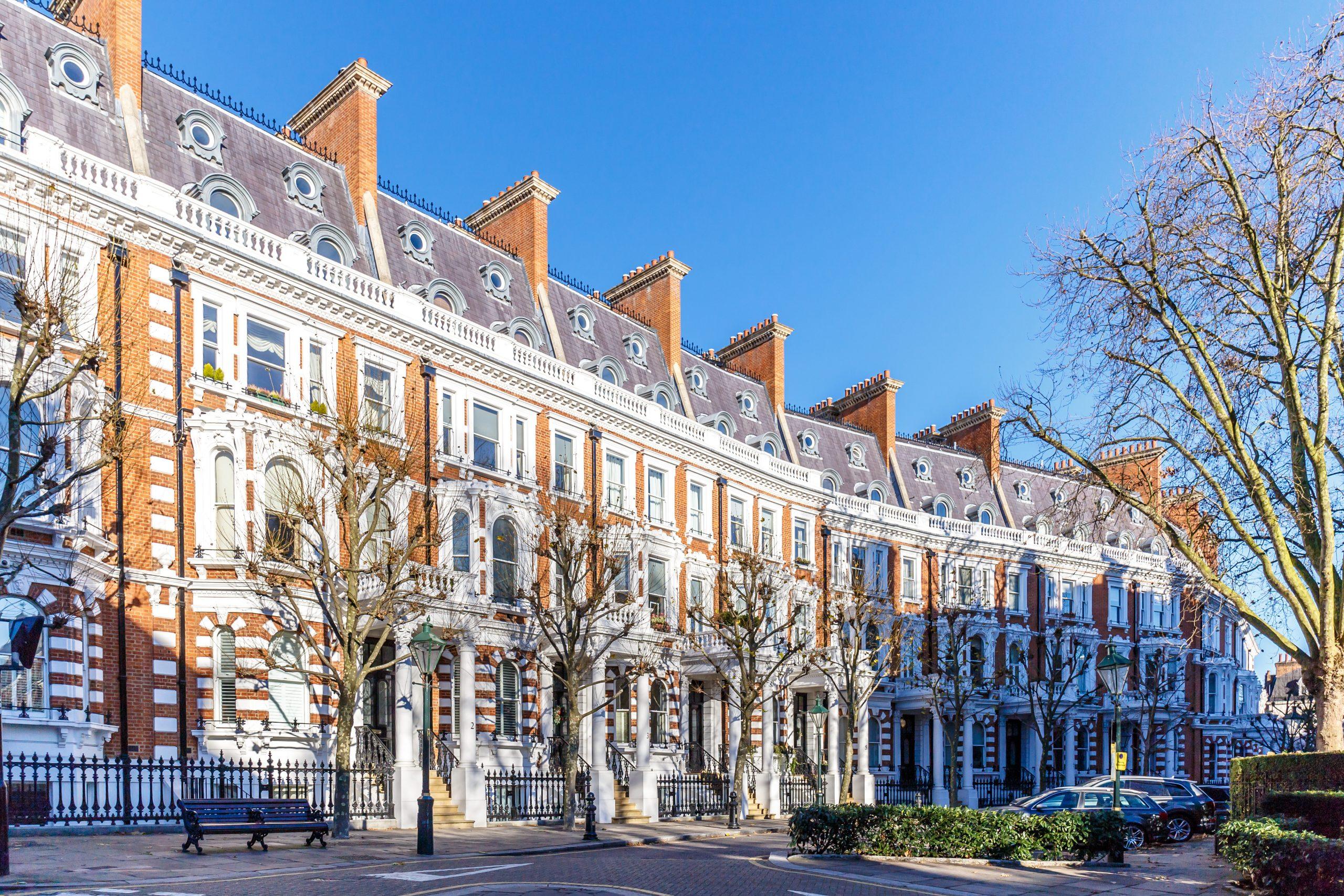 Kensington area in winter, London Blue skies and row of houses in the borough of Chelsea